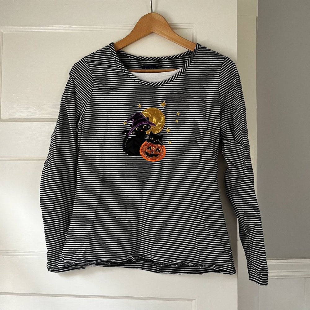 Halloween Black Cat Patch Long Sleeve Shirt